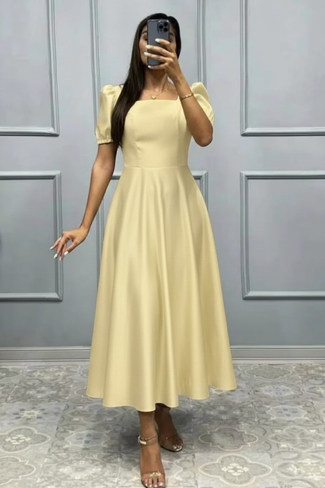 Light Yellow Square Neck A-Line Prom Dress with Short Sleeves