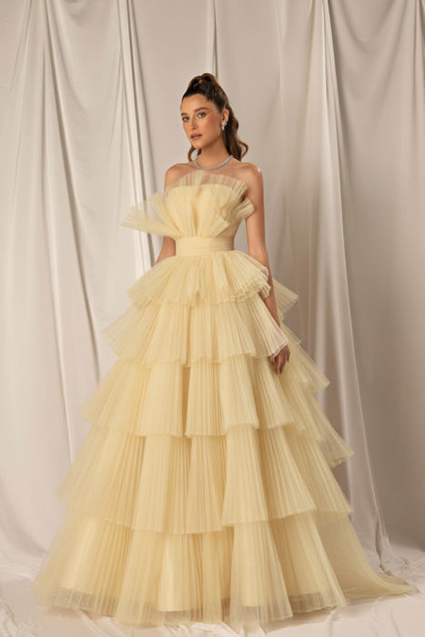 Light Yellow Strapless Mermaid Evening Gown with Layers and Sleeveless Design