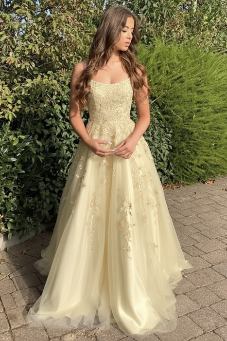 Light Yellow Stylish Lace Long Prom Dress with Spaghetti Straps