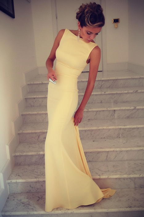 Light Yellow Trumpet/Mermaid High Neck Sleeveless Spandex Floor-Length Dresses - Prom Dresses