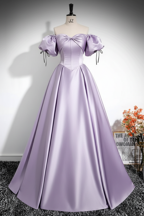 Lilac A-Line Pleated Off-The-Shoulder Prom Dress