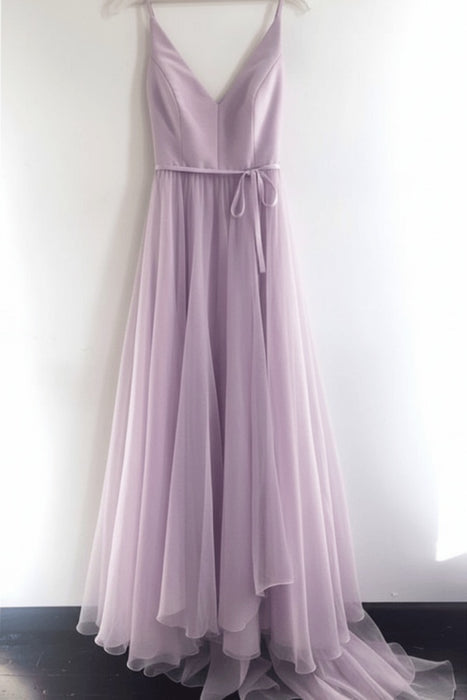 Lilac A Line V Neck Spaghetti Straps Tulle Prom Dresses