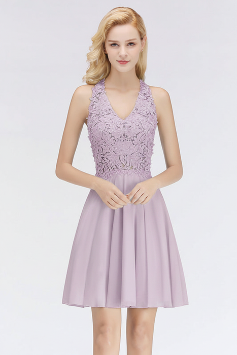 Lilac V-Neck Short Lace Bridesmaid Dresses