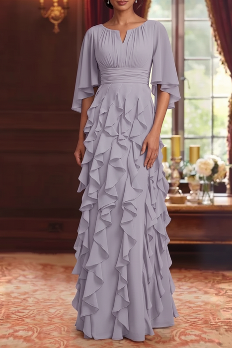 Lilac Chiffon Mother of the Bride Dress Flutter Sleeves with Cascading Ruffles