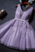 Lilac Cute V Neck Sleeveless Appliques Tulle Homecoming Gown A Line Short Prom Dress