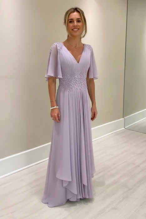 Lilac Elegant Half Sleeves V-neck Aline Wedding Guest Dress Chiffon Mother of the Bride Dress - Prom Dresses
