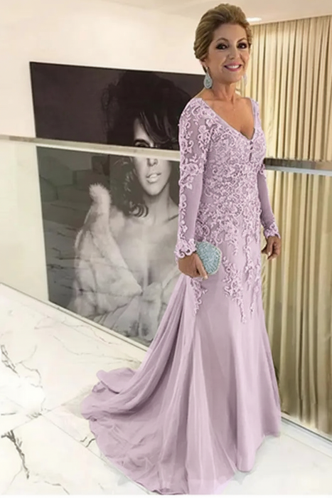 Lilac  Elegant Long Sleeves Lace mother of the bride dress V-Neck - Prom Dresses
