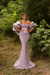Lilac Satin Mermaid Evening Gown Beadings Floor Length Party Dress with puffy Sleeves
