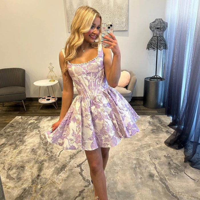 Lilac Floral Jacquard Corset Homecoming Dress with Pearls