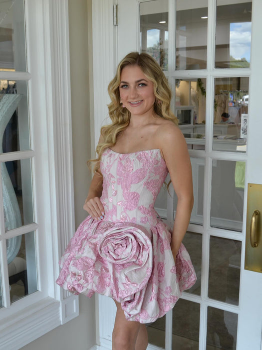 Lilac Floral Jacquard Strapless Bubble Mini Homecoming Dress