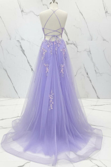 Lilac Floral Spaghetti Straps Appliques A-Line Long Prom Dress