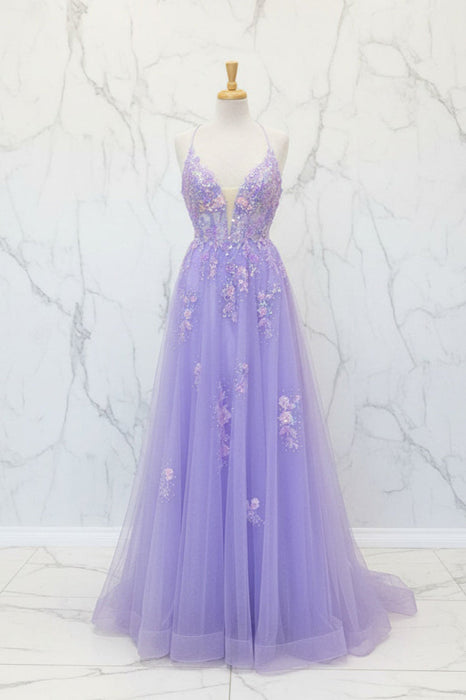 Lilac Floral Spaghetti Straps Appliques A-Line Long Prom Dress