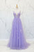 Lilac Floral Spaghetti Straps Appliques A-Line Long Prom Dress