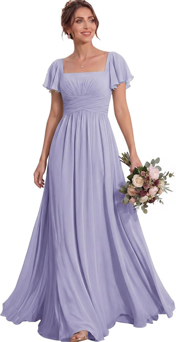 Bridelily Women's Flutter Sleeves Bridesmaid Dresses Square Neck Chiffon Maxi Dres - Lilac