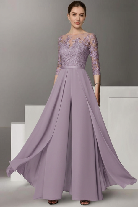 Lilac Half Sleeves Chiffon Mother of Bride Jumpsuit with Appliques - Prom Dresses