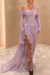 Lilac Lace Asymmetric Prom Dress with High Slit and Gloves