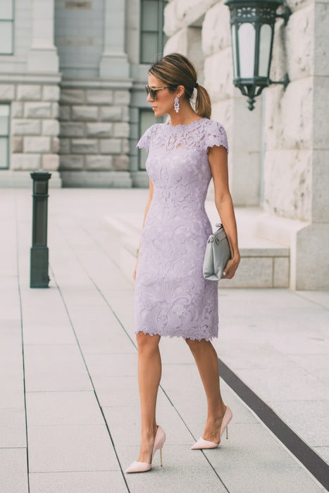 Lilac Lace Formal Dresses Knee Length Mother of the Bride Dress Cap Sleeves