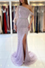 Lilac Long Sleeves Beadings Mermaid Prom Dress with Split