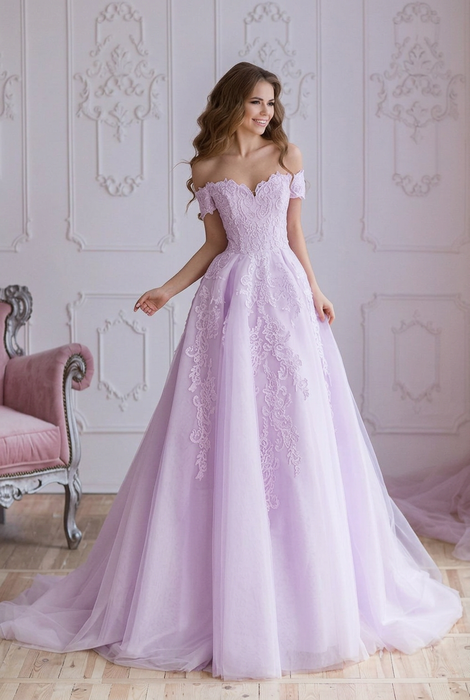 Off Shoulder Lace Prom Dress - Lilac