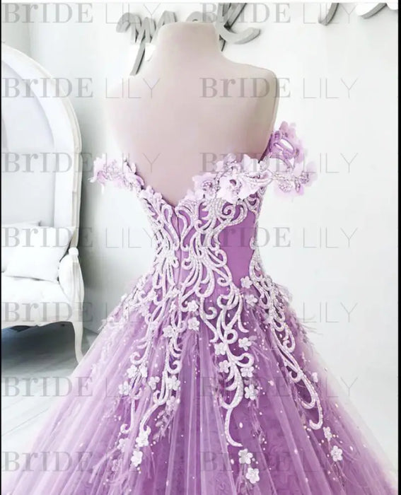 Lilac Off the Shoulder Gorgeous Long Prom Charming Formal Dress with Flowers - Prom Dresses