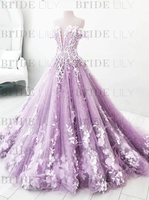 Lilac Off the Shoulder Gorgeous Long Prom Charming Formal Dress with Flowers - Prom Dresses