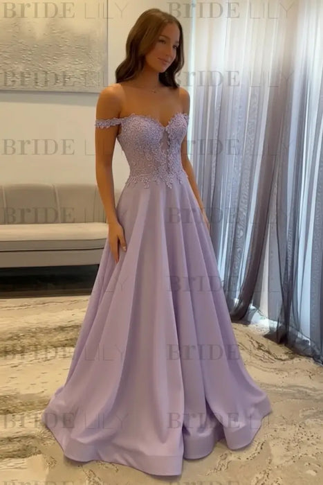 Lilac Off-the-Shoulder A-line Evening Dress Lace Prom Dress Long