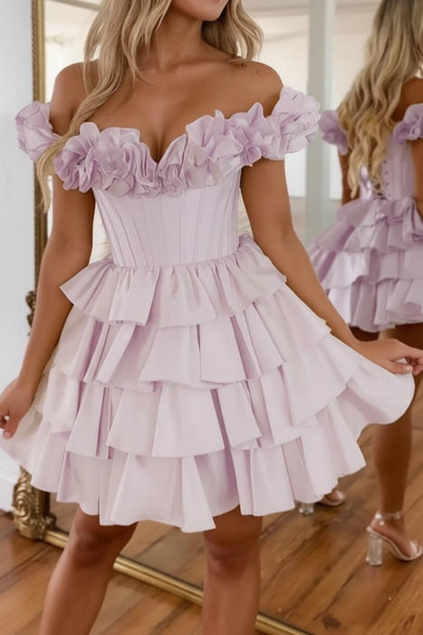 Lilac Off-the-Shoulder Satin Corset Graduation Dress Short Cocktail Dress