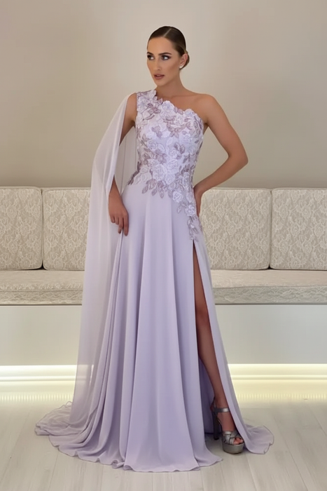 Lilac One-Shoulder Sleeveless Chiffon Evening Dresses Long with Side Slit - Prom Dresses