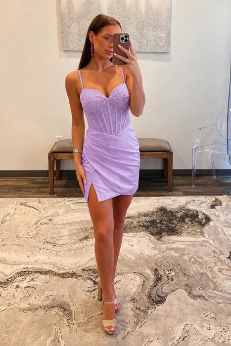 Pearl Beaded Sweetheart Corset Satin Mini Homecoming Dress with Side Slit