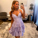 Lilac Plus Size Halter Corset Tiered Homecoming Dress Short with Pearl