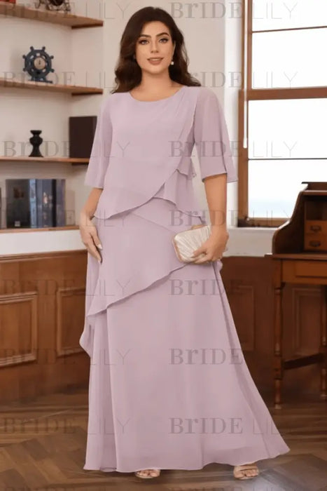Lilac Plus Size Ruffles Chiffon Mother of the Bride Dress Scoop Neck with Half Sleeves