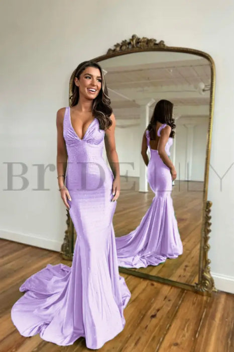 Lilac Prom Dress with Wide Shoulder V Neck Long Mermaid with Bead Embellishments - Prom Dresses