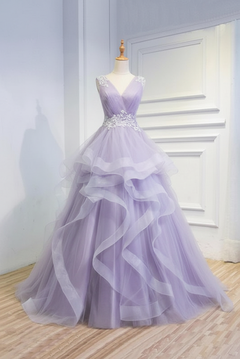 Lilac Puffy V Neck Sleeveless Tulle Prom with Appliques Long Quinceanera Dress - Prom Dresses