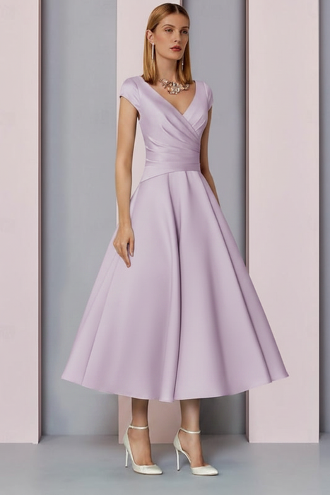 Lilac Satin A-Line Mother of the Bride Dress V Neck Tea Length Wedding Guest Dress - Prom Dresses