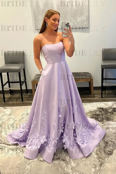 Light Blue Satin A-Line Prom Dress 3D Flowers & Pocket