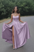 Lilac Aline Satin Long Prom Dresses with High Slit