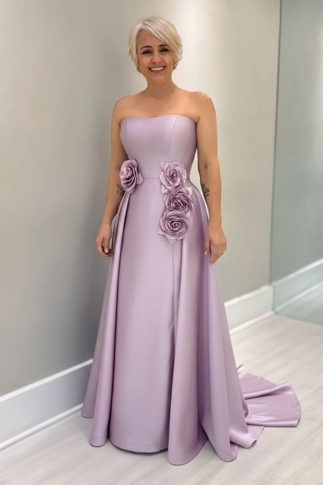 Lilac Satin Mother of the Bride Dress Strapless with Flowers - Prom Dresses