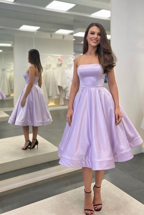 Lilac Satin Strapless Prom Dress