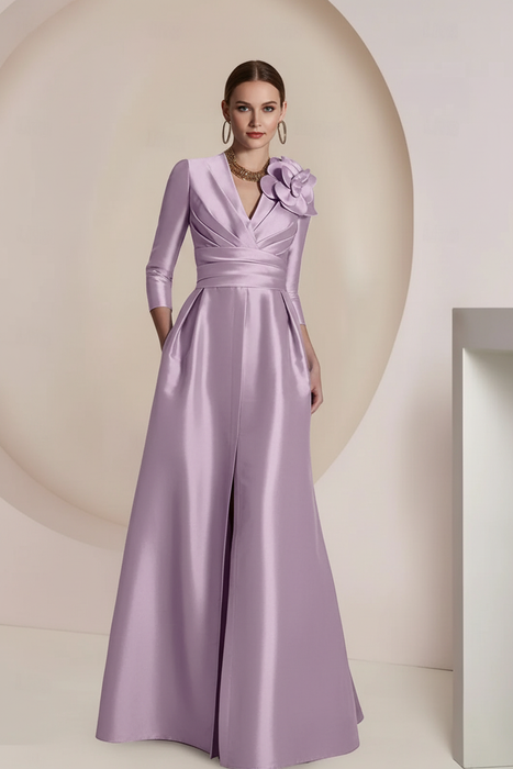 Lilac Satin V-Neck Mother of the Bride Dress with 3/4 Sleeves with Split Front