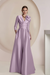 Lilac Satin V-Neck Mother of the Bride Dress with 3/4 Sleeves with Split Front