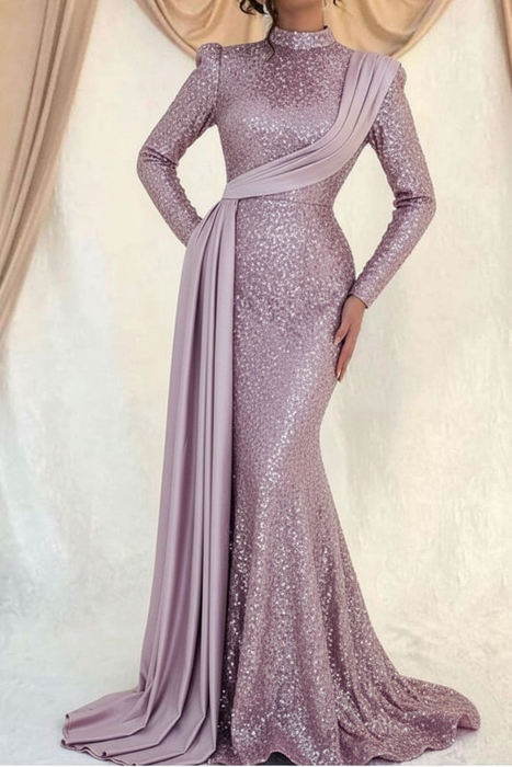 Lilac Sequins Long Sleeves High Collar Mermaid Prom Dress with Ruffle