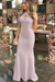 Lilac Sheath Sleeveless Halter Floor-Length With Ruffles Satin Dresses - Prom Dresses