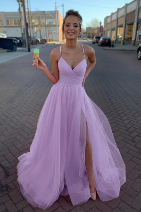  Lilac Simple A Line V Neck Tulle Long Prom Dresses with High  Split