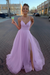  Lilac Simple A Line V Neck Tulle Long Prom Dresses with High  Split