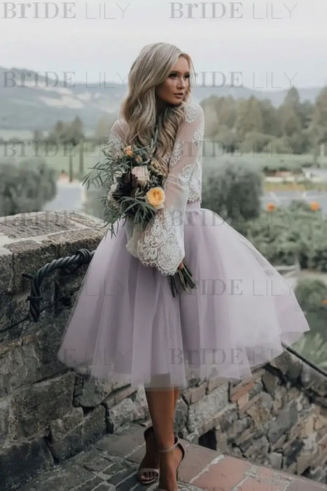 Lilac Simple Wedding Dress A Line Designed Neckline Lace Tulle Bridal Gowns