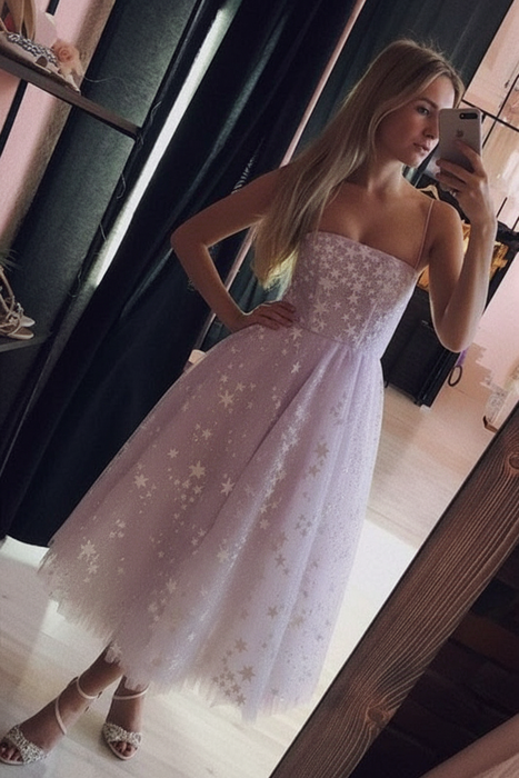 Lilac Spaghetti Strap Tea Length Tulle Homecoming Dress Midi Prom Dresses - Prom Dresses