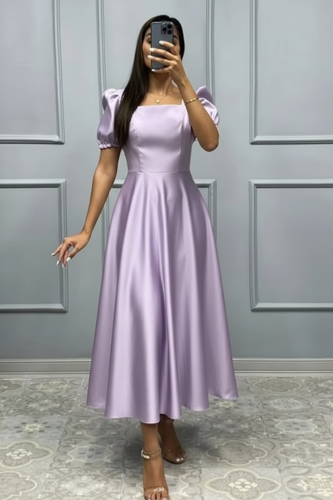 Lilac Square Neck A-Line Prom Dress with Short Sleeves