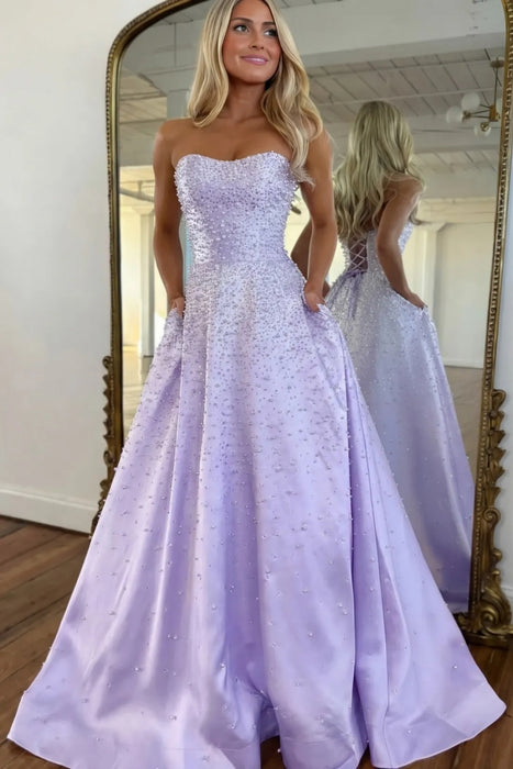Lilac Strapless Satin Prom Dress A-Line Evening Dress with Beadings