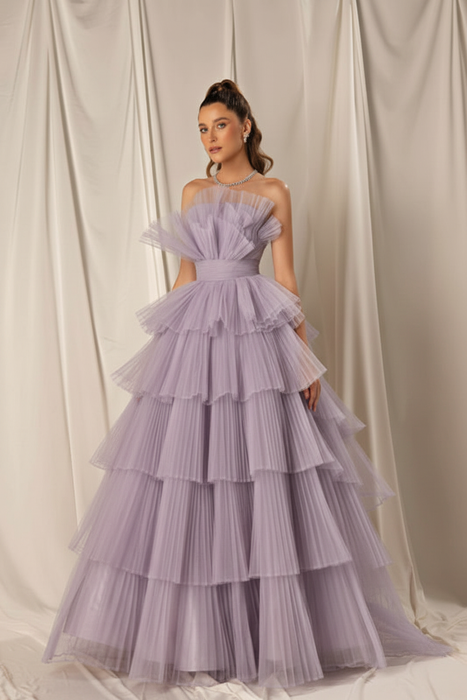 Lilac Strapless Mermaid Evening Gown with Layers and Sleeveless Design