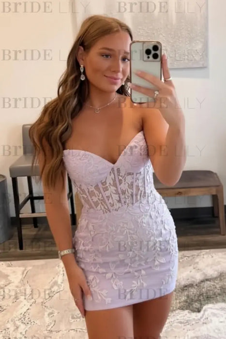 Lilac Strapless Beaded Short Lace Prom Dresses Sweetheart Tight Homecoming Dresses